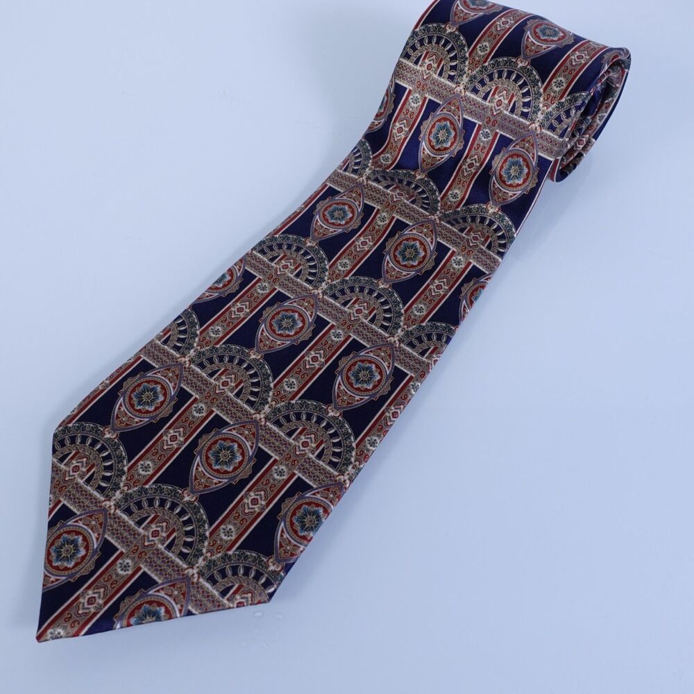 L'Atelier Mens 100% Italian Silk Tie Necktie Black Gold Geometric Made In USA